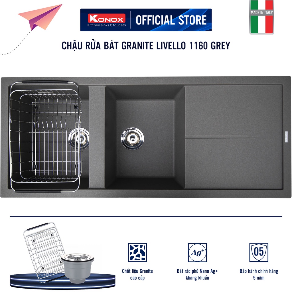 Chậu rửa bát đá KONOX Granite Series Livello 1160 Grey, Made in Italy, Full set gồm Siphon + Giá úp bát inox