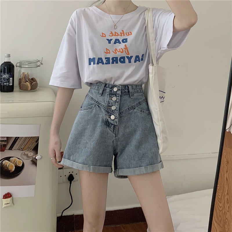 Xiaozhainv Quần short denim eo cao ống rộng phong cách Hàn Quốc | BigBuy360 - bigbuy360.vn