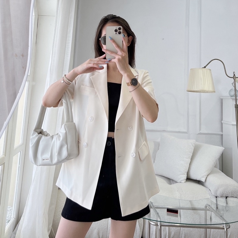 Áo khoác blazer nữ cộc tay dáng dài 4 khuy ngang hàng thiết kế Huien Design form Hàn Quốc thời trang thanh lịch | BigBuy360 - bigbuy360.vn