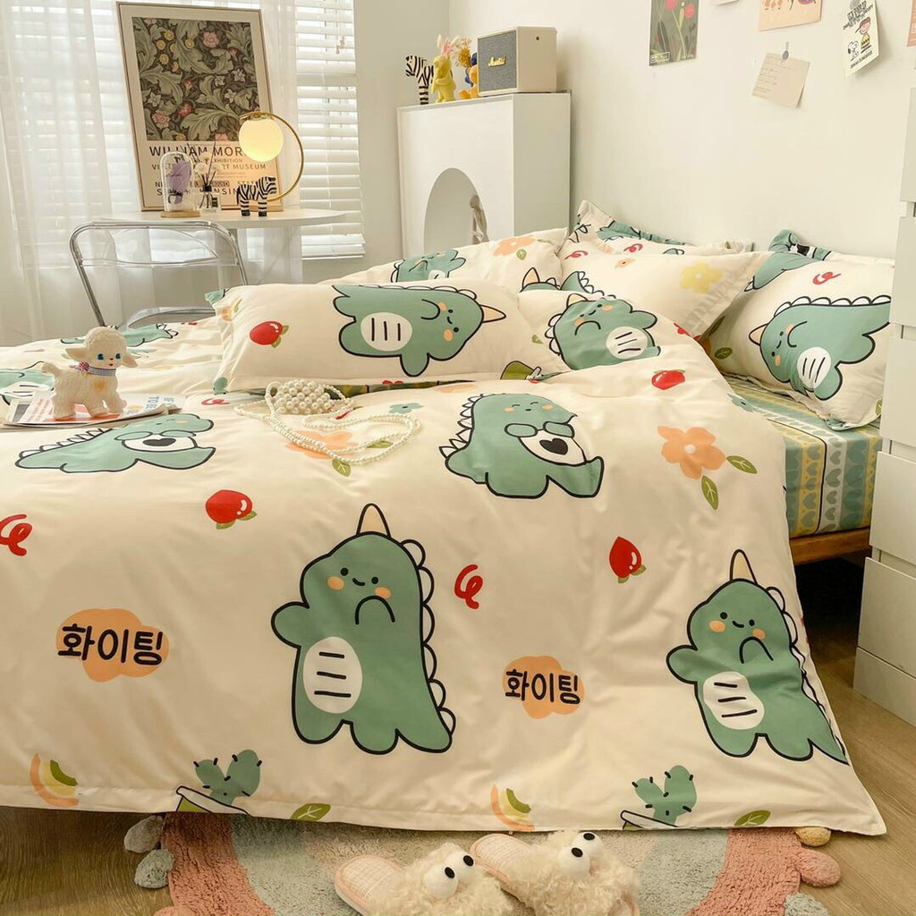 Bộ chăn ga Cotton poly thú cưng  khủng long cà chua HL bedding chăn ga hàn quốc đủ màu đủ size