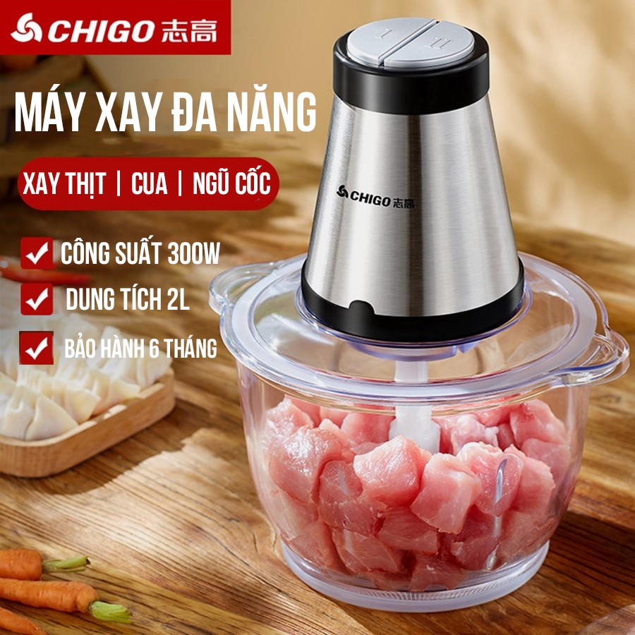 Máy Xay Thịt Chigo 2 Lưỡi Kép Cối Thủy Tinh Mạnh Mẽ 2 Chế Độ Xay Tỏi Ớt Xay Đá Công Suất 300W TN01