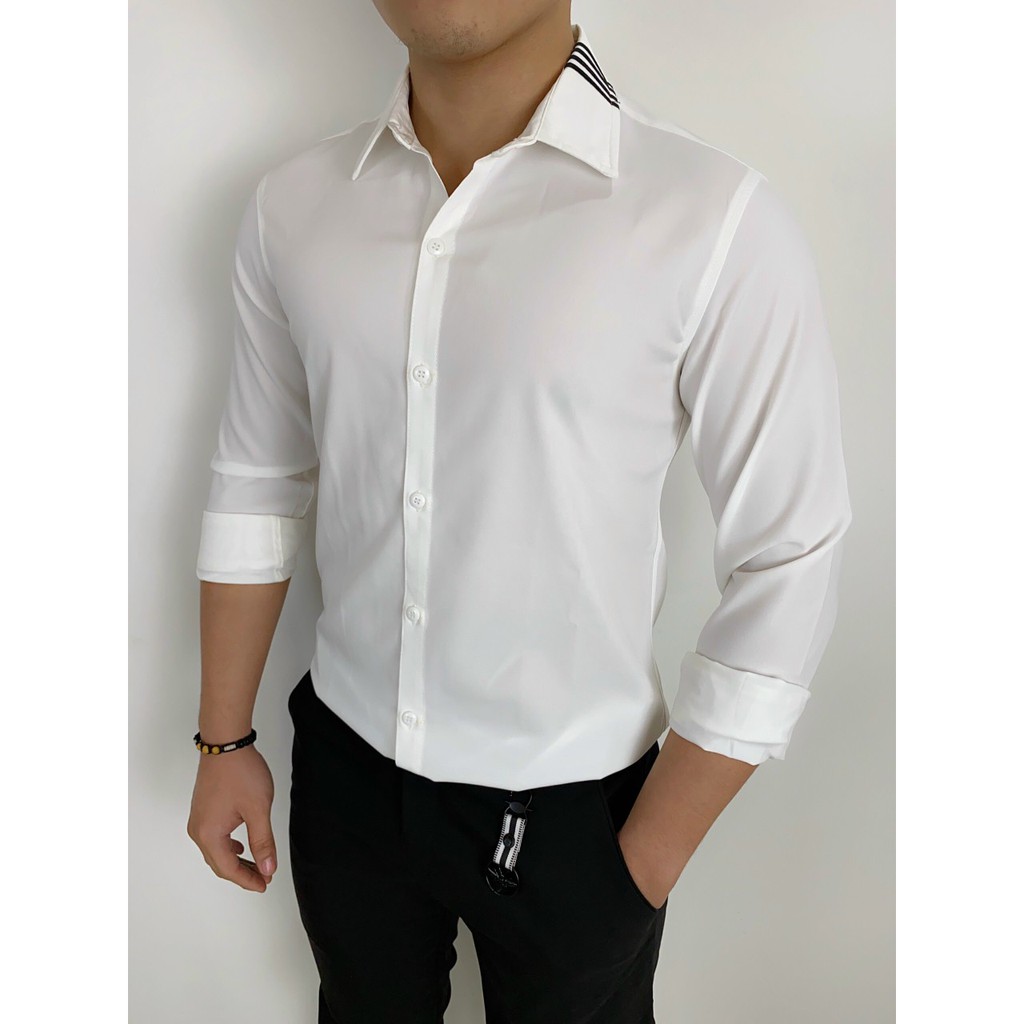 Áo sơ mi dài tay cho Nam 2 màu Trắng, Đen phối sọc ở cổ áo đơn giản đầy nam tính