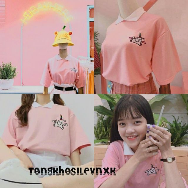 ÁO POLO NGỰA UNICORN HỒNG CUTE ULZZANG