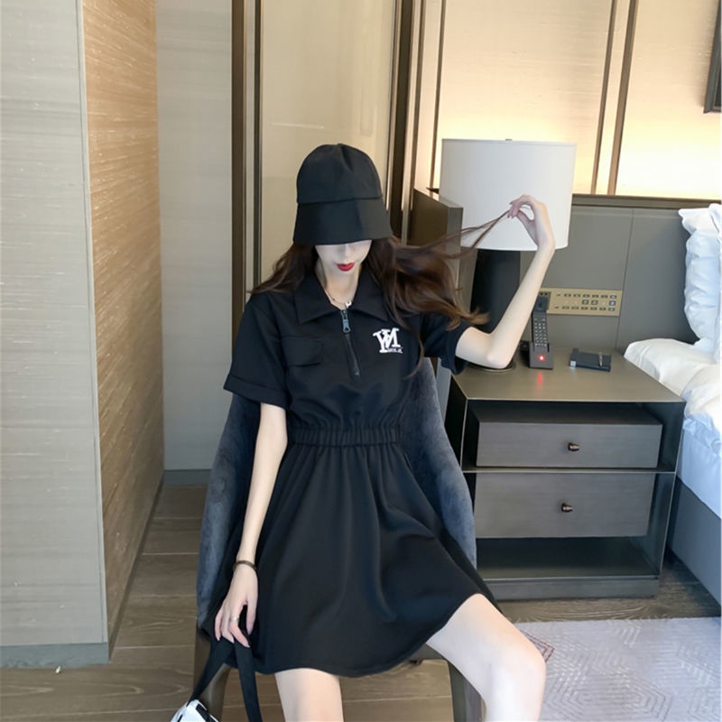 Black dress women's summer 2022 new Korean style temperament slim embroidered A-shaped short T-skirt polo collar small black skirt