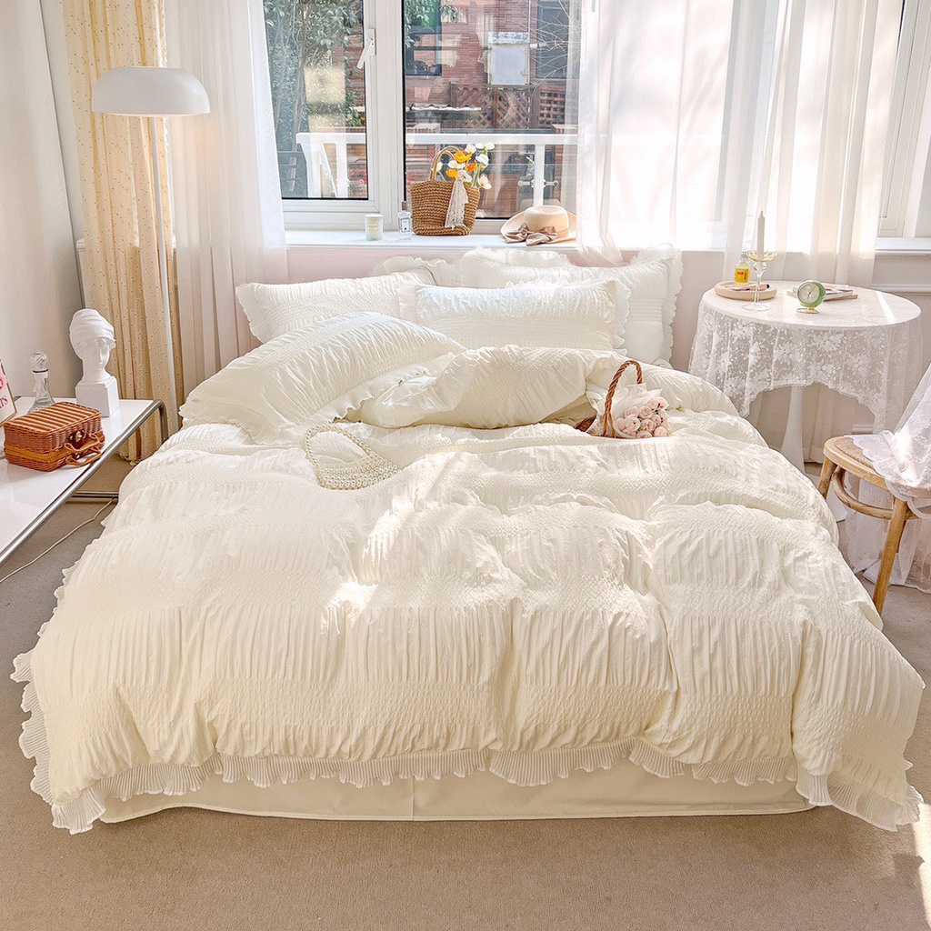 Bộ chăn ga gối cotton đũi dúm viền bèo xinh xắn nhập khẩu cao cấp, ga gối cotton đũi mềm mát thấm hút mồ hôi