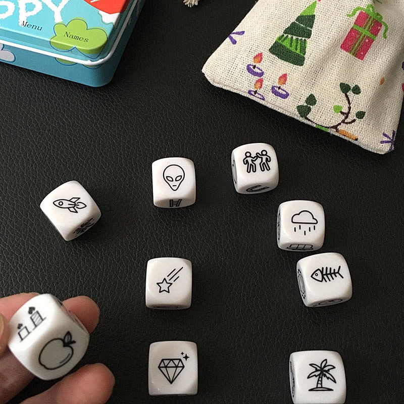 Story Dice Puzzle Board Game Bộ đồ chơi xúc xắc kể chuyện tiếng anh kèm hộp kim loại loại vui nhộn cho gia đình/tiệc tùng/bạn bè/cha mẹ và con cái