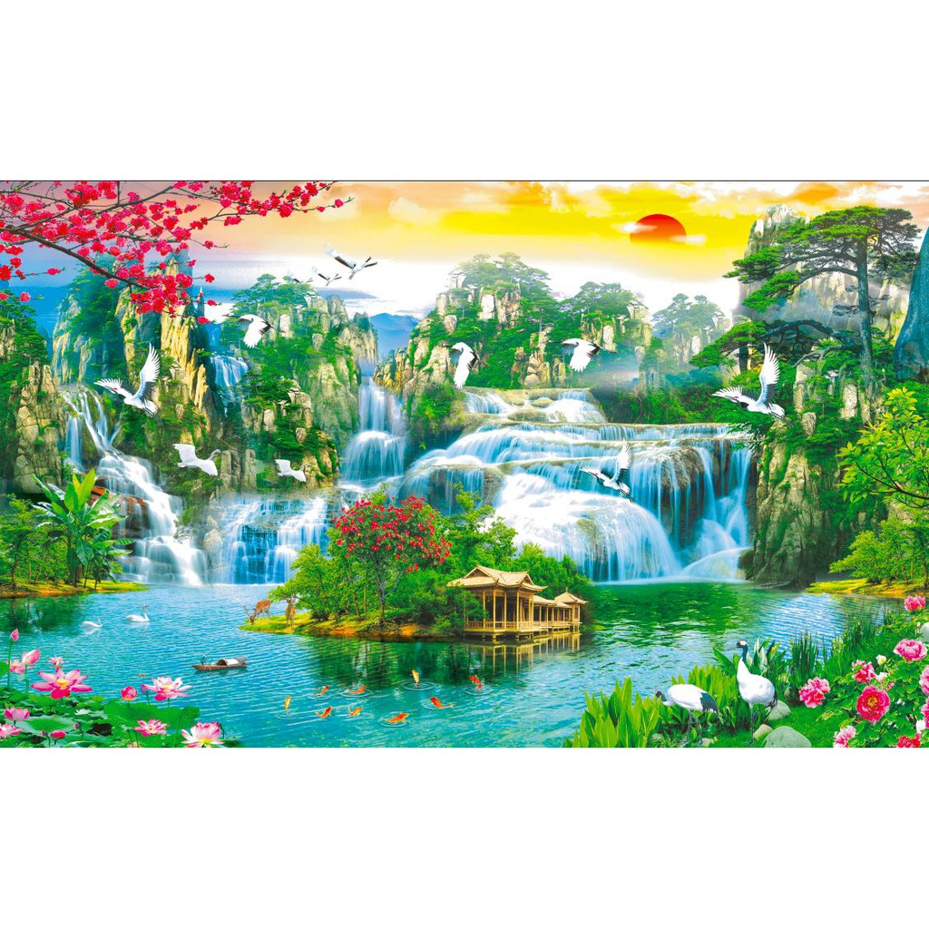 Tranh dán tường sơn thủy  3D - VẢI LỤA  phủ kim sa (kích thước theo yêu cầu)