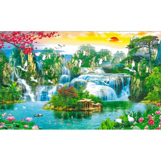Tranh dán tường sơn thủy  3D - VẢI LỤA  phủ kim sa (kích thước theo yêu cầu)