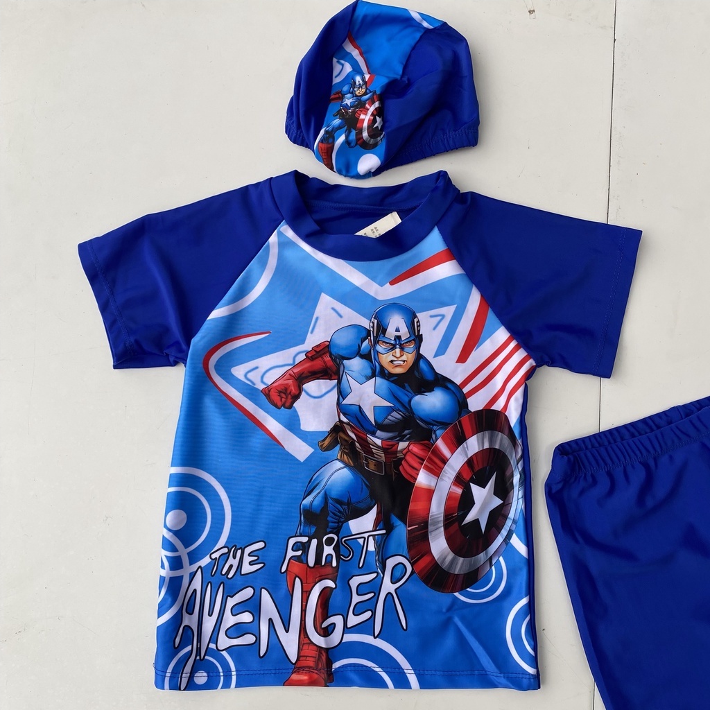 Bộ đồ quần áo bơi bé trai siêu anh hùng Đội trưởng Mỹ Captain America kèm mũ hàng cao cấp