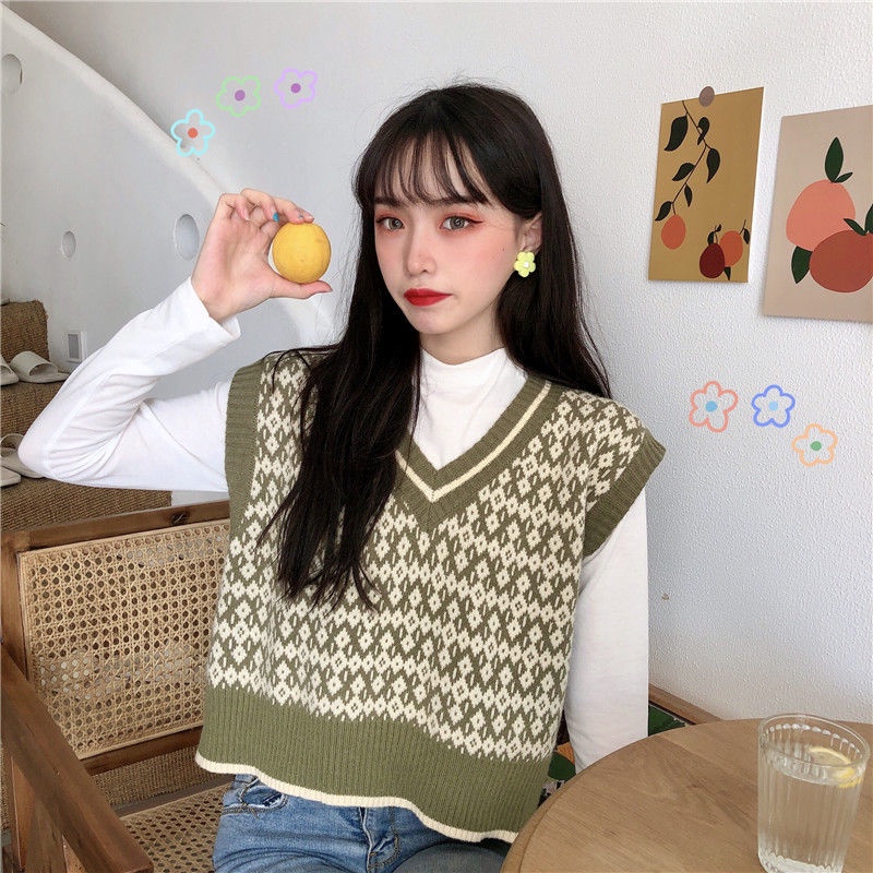 Áo len không tay cổ chữ v dáng rộng thời trang thu đông 2021