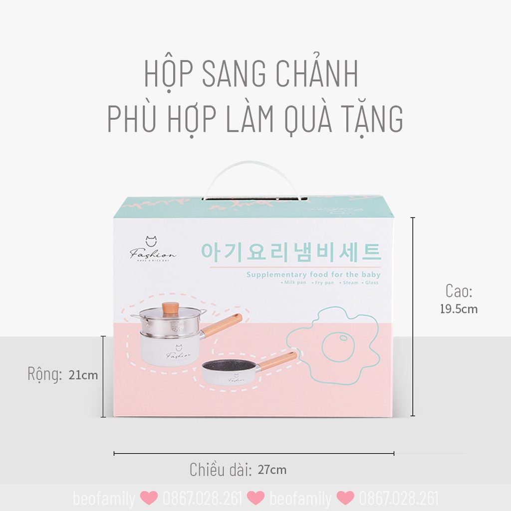 (Chính hãng loại 1) Bộ nồi chảo chống dính tiện lợi, quánh chống dính nấu đồ ăn dặm cho bé, nhỏ gọn xinh xắn - BEOSMART