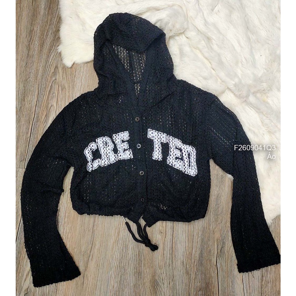 Áo len mỏng dáng croptop phối chữ ngực gài nút có nón tay dài hàng QC!
