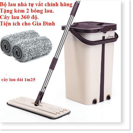 Bộ Cây Lau Nhà 360 Độ Chính Hãng Cao Cấp Mặt Lau Hình Chữ Nhật kèm 2 bông lau
