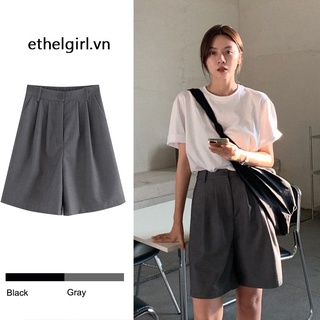 Ethelgirl Mùa hè phong cách mới thời trang Hàn Quốc sang trọng retro phù hợp với quần short nữ cạp cao quần đen rộng