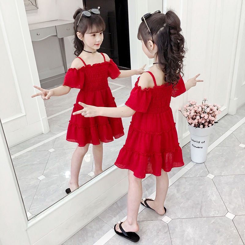 Đầm Công Chúa Vải Voan Hở Vai Màu Trơn Thời Trang Mùa Hè 2019 Phong Cách Phương Tây Dành Cho Bé Gái 3-5-7-8 Tuổi 6 "