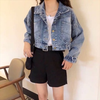 Áo khoác jean Quảng Châu cổ đức dáng rộng cúc lưng sau