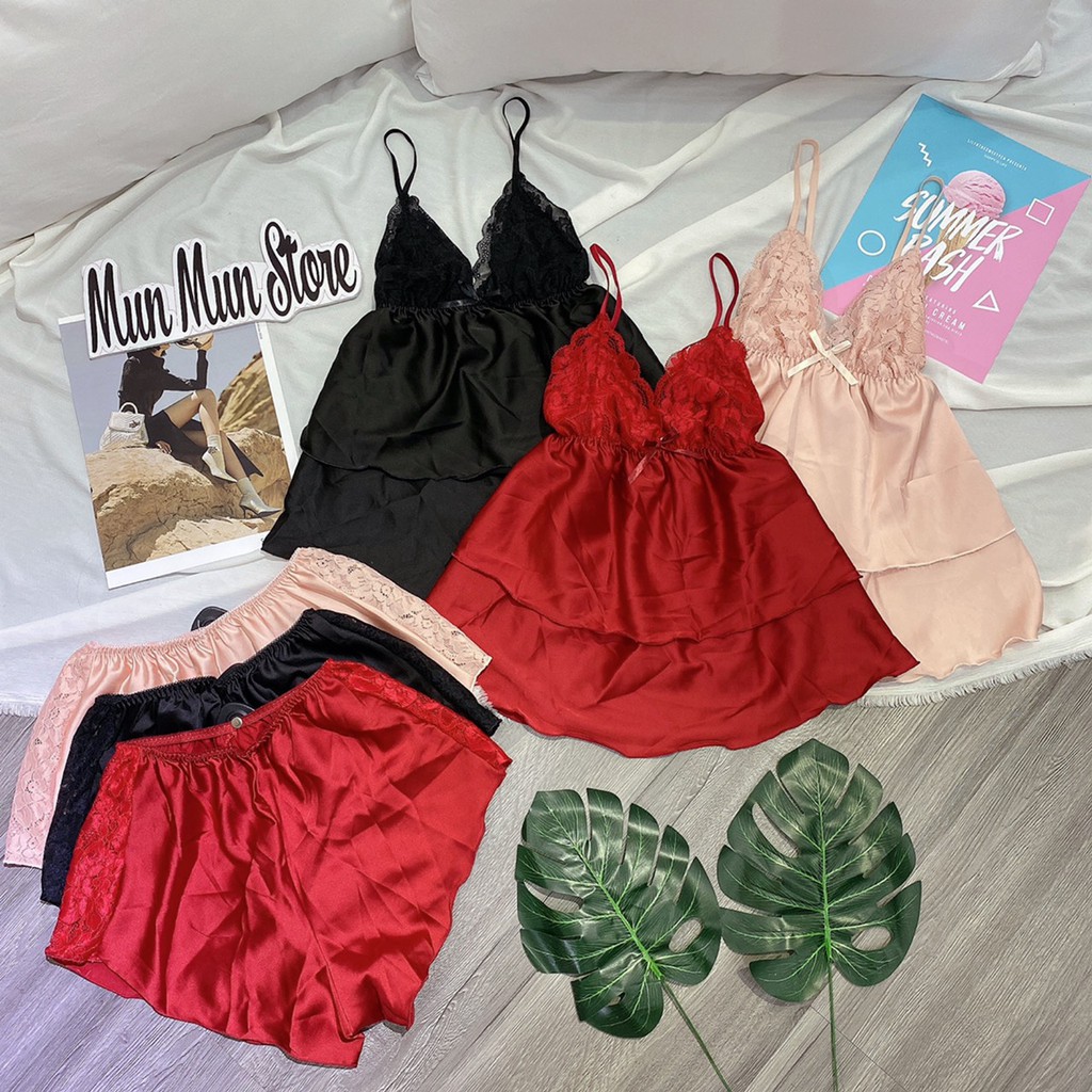 𝗙𝗿𝗲𝗲 𝗦𝗵𝗶𝗽 Đồ ngủ sexy - munmunstore - váy ngủ lụa phối ren cao cấp 2 tầng quyến rũ sang trọng ( hình thật size 57kg)