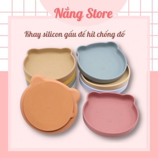 Khay ăn dặm silicon hình gấu không chia ngăn có đế hít chống đổ cho bé tập ăn dặm