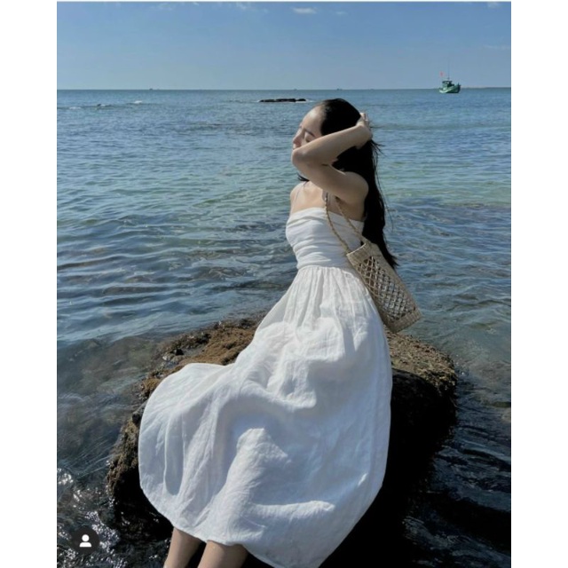 ĐẦM MIDI 2 DÂY TRẮNG XẾP LY NGỰC | BigBuy360 - bigbuy360.vn