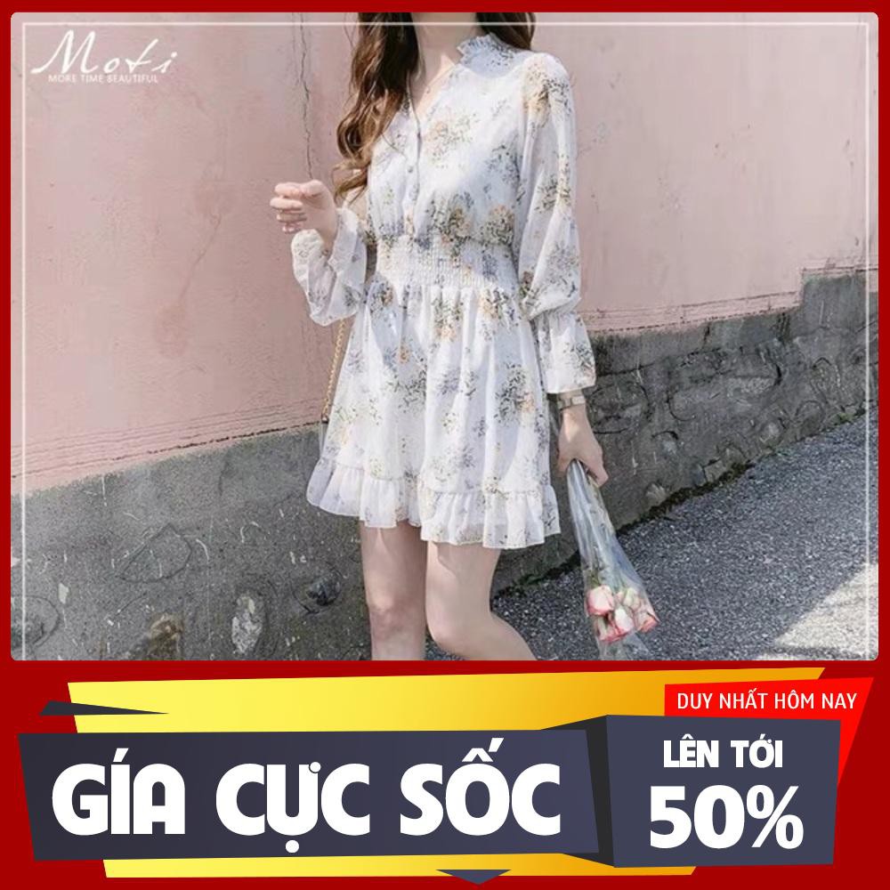 Váy voan ulzzang hoa cổ V tay phồng dài bèo kết nút bo chun eo dáng xoè đuôi cá 2 màu xanh trắng - Hàng nhập khẩu