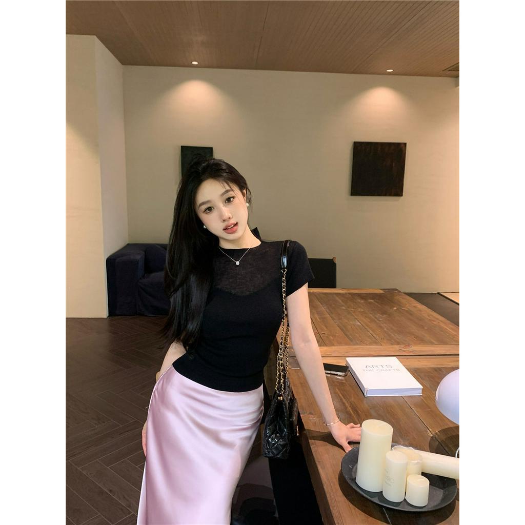 Cocory vn Áo Dệt Kim Tay Ngắn Dáng Ôm Thời Trang Mùa Hè Cho Nữ