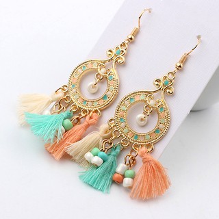 Khuyên tai dáng dài phối tua rua đính hạt phong cách Boho cổ điển cho nữ