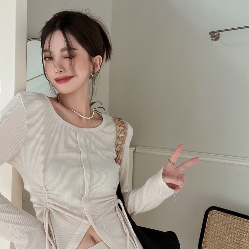 COZOK Áo Thun Tay Dài Cổ Tròn Dáng Ôm Phối Dây Rút Cá Tính Trẻ Trung