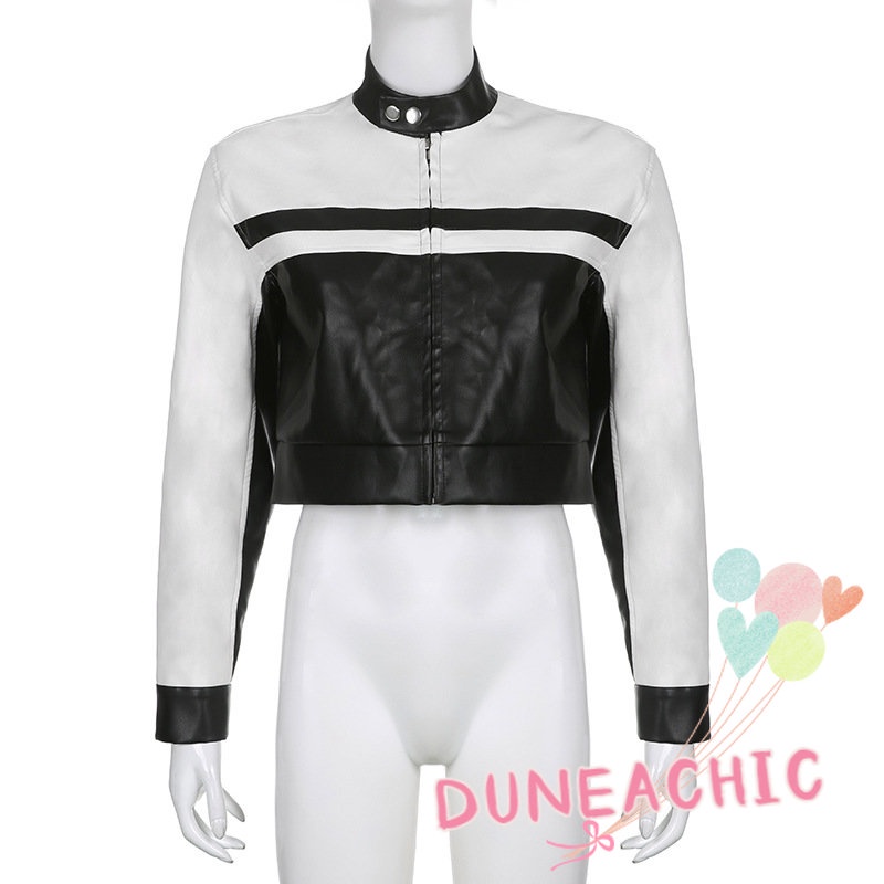 Áo khoác DUNEA da PU dài tay cổ cao phối khóa kéo phong cách đường phố cá tính cho nữ