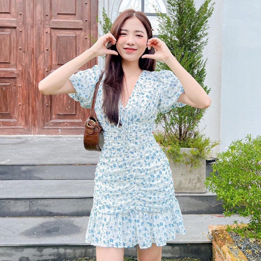 Đầm LENA - Đầm cổ V rút nhún thân