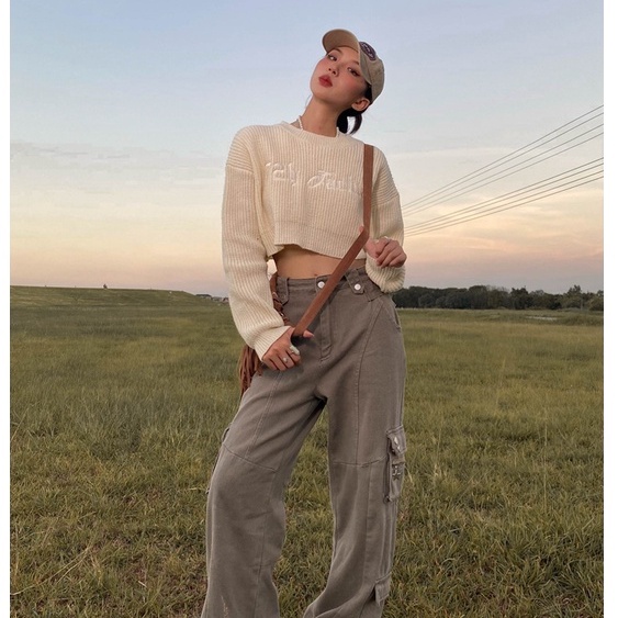 HUANG YOYO Áo Thun Nữ Dài Tay Cổ Tròn Thời Trang Hàn CropTop