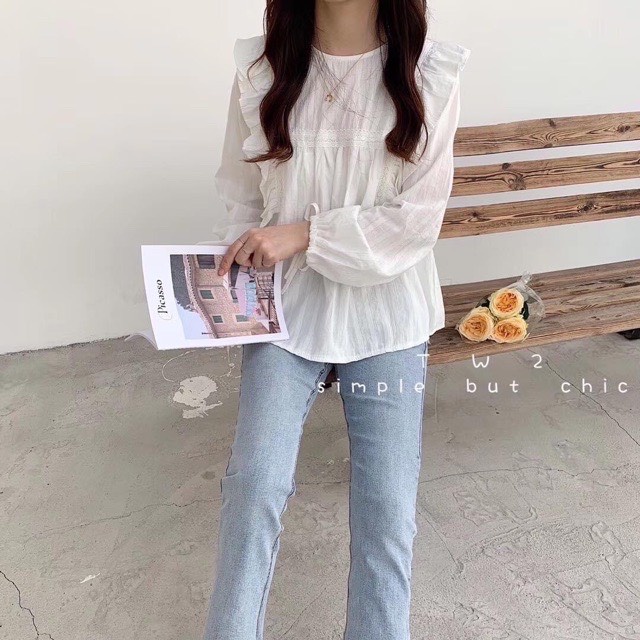 Áo kiểu babydoll tay dài nữ NARII phong cách Hàn Quốc màu trắng
