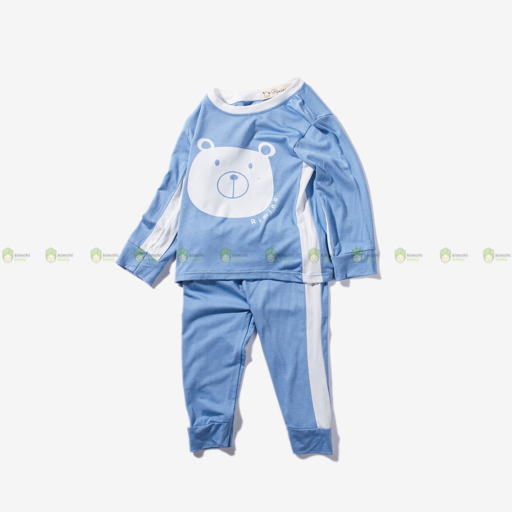 Bộ Dài Tay Bé Gái, Bé Trai KIMCHIBABY Vải Thun Lạnh Hoạ Tiết Mặt Gấu Dễ Thương, Bộ Quần Áo Trẻ Em Thu Đông KWTD2202