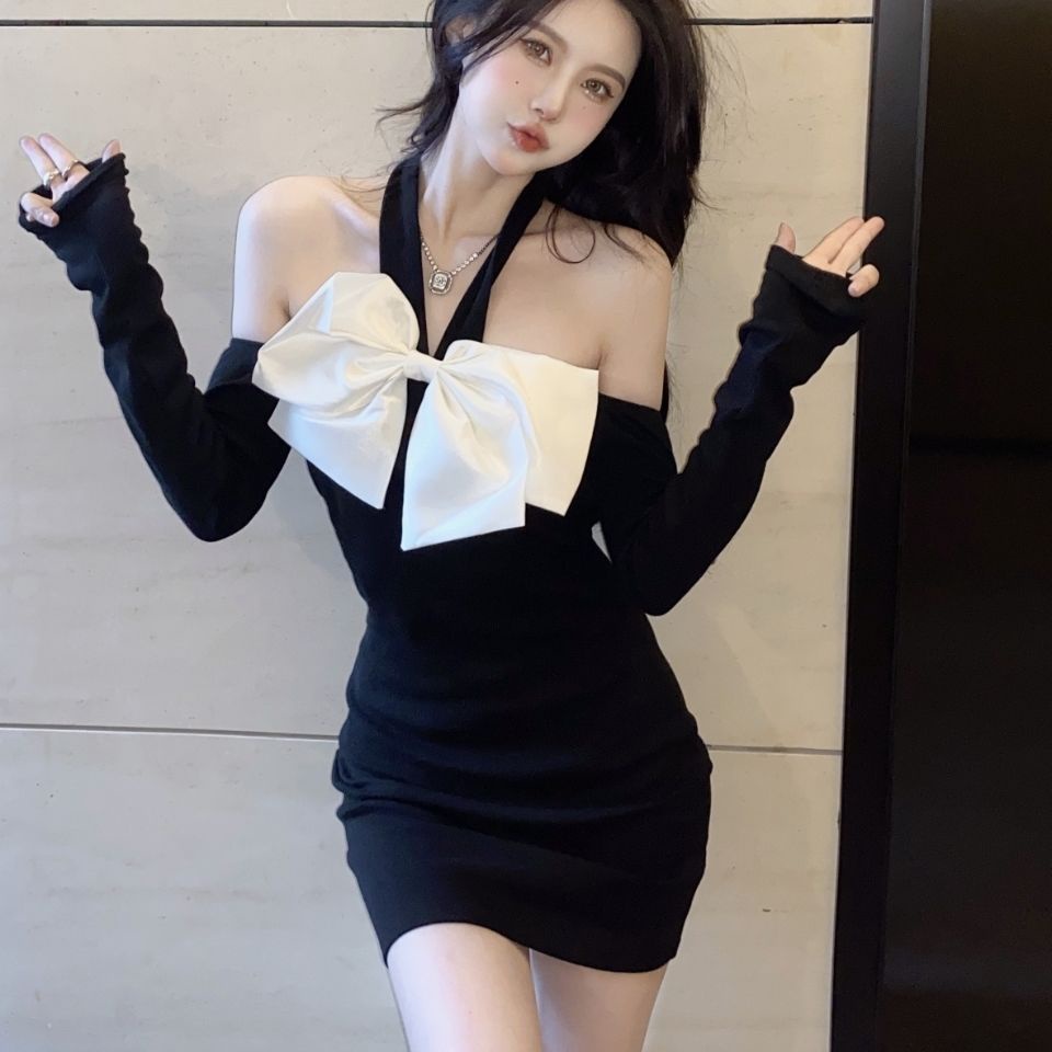 COZOK Đầm Tay Dài Trễ Vai Đính Nơ Kiểu Dáng Quyến Rũ