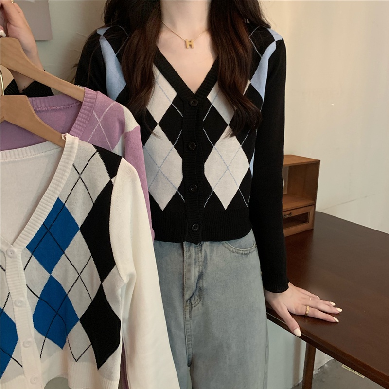 SUXI Áo Khoác Cardigan Dệt Kim Tay Dài Cổ Chữ V Họa Tiết Sọc Ca Rô Thời Trang Mùa Thu Cho Nữ