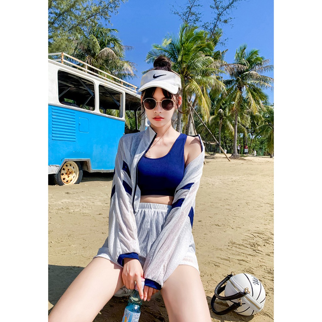 Bộ đồ bơi bikini nữ hai mảnh kèm áo ren tay dài đi tắm biển, đi tập yoga, tập gym