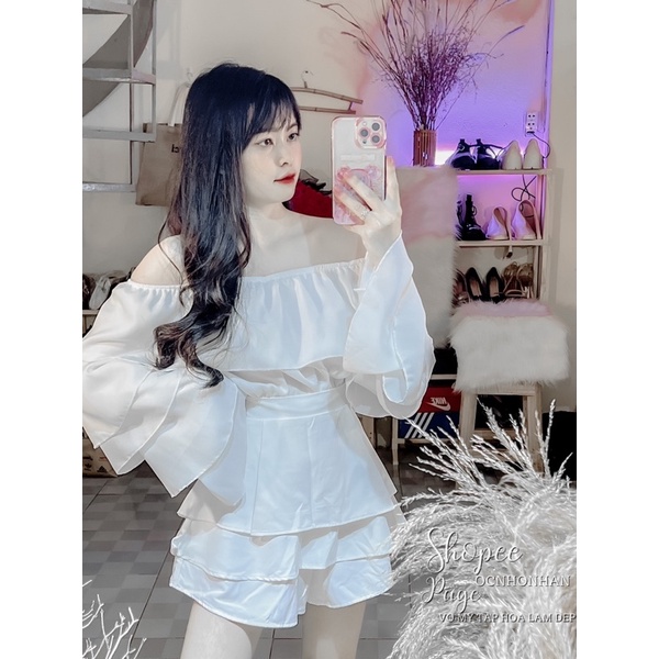 Set áo bẹt vai tay loe tầng phối chân váy tầng