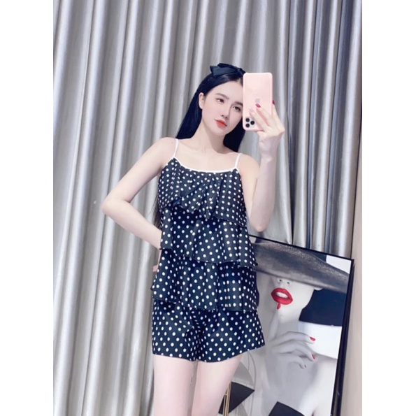 Đồ bộ ngủ, đồ bộ đùi lụa hàn 2 dây bèo 3 tầng siêu kute | BigBuy360 - bigbuy360.vn