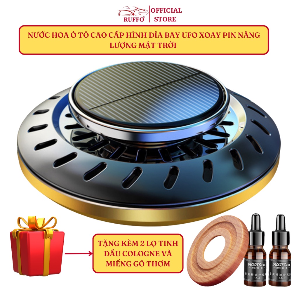 Nước Hoa Mini Ô Tô Ruffo Mô Hình Đĩa Bay UFO Xoay Năng Lượng Mặt Trời Tặng Miếng Gỗ Thơm Và 2 Lọ Tinh Dầu Xe Hơi Cao Cấp