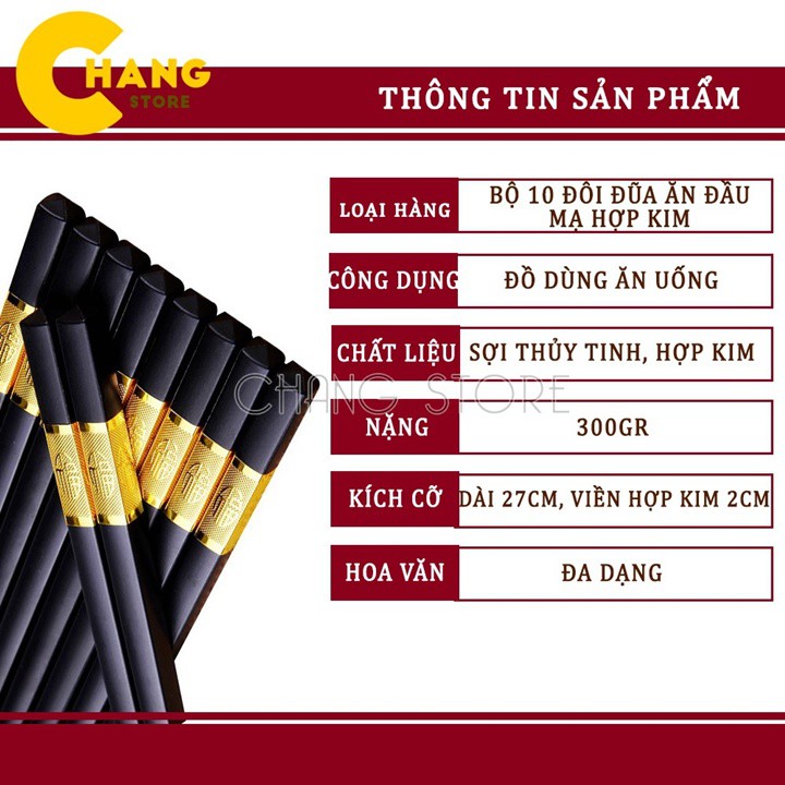 ( Deal Hot)10 Đôi Đũa Mạ Vàng Hàn Quốc - Đũa Nhựa Đen Nhật Cao Cấp Chống Trơn Chống Mốc Chịu Nhiệt