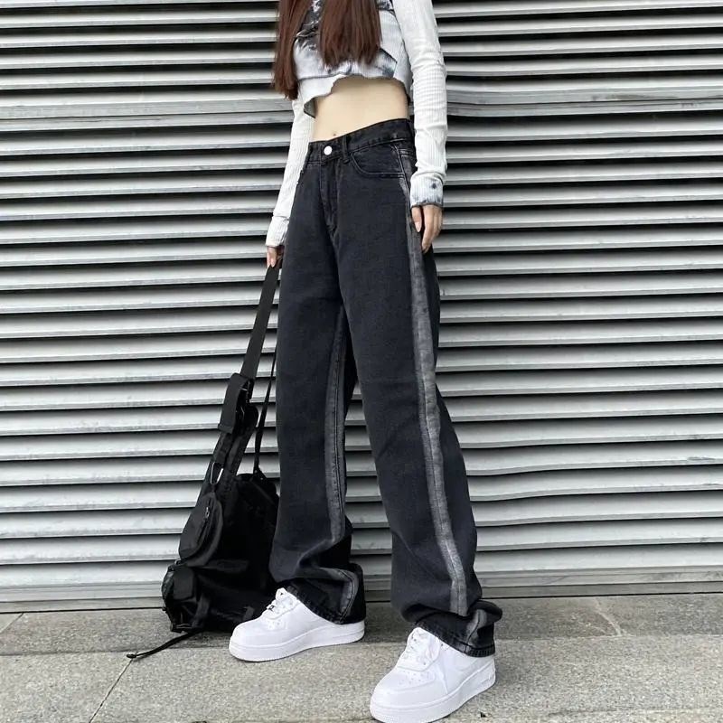 Quần jean lưng cao ống suông rộng phối họa tiết sọc phong cách Hàn Quốc cổ điển thời trang cho nữ | WebRaoVat - webraovat.net.vn