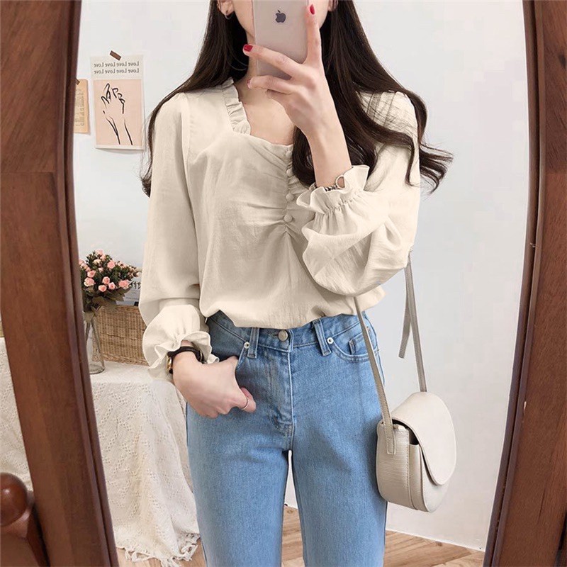 Áo sơ mi nữ trắng be dài tay bồng tiểu thư WANAWEAR cổ V bèo cực xinh chất đẹp dày dặn vintage Hàn Quốc | BigBuy360 - bigbuy360.vn