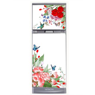 Decal trang trí tủ lạnh mẫu hoa đỏ và chim bướm chống thấm cao cấp