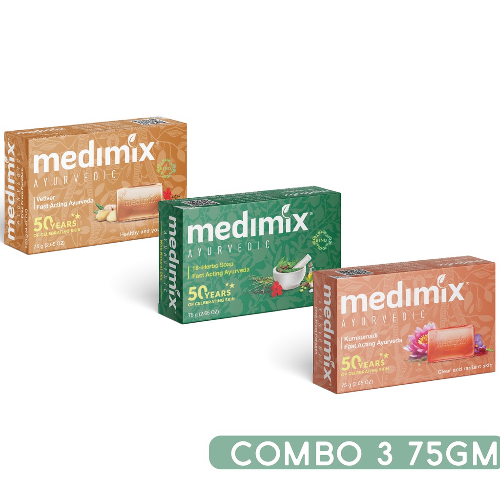 Combo Xà phòng Medimix 18 Thảo Dược - Kumkumadi - Cỏ Hương Bài 75g/bánh