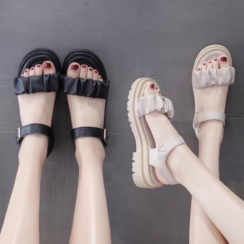 Sandal quai nhún đế 4cm quai dán siêu đẹp