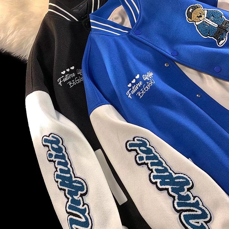 Áo Khoác bomber Màu Xanh Lá Thêu Họa Tiết Phong Cách Hàn Quốc plus size M-3XL retro áo bomber nỉ nam simple áo varsity jacket from rộng varsity jacket bomber