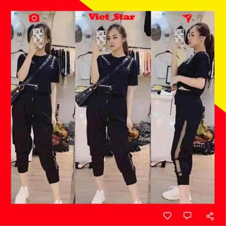 Set áo croptop khóa Và quần jogger phối lưới thể thao VST