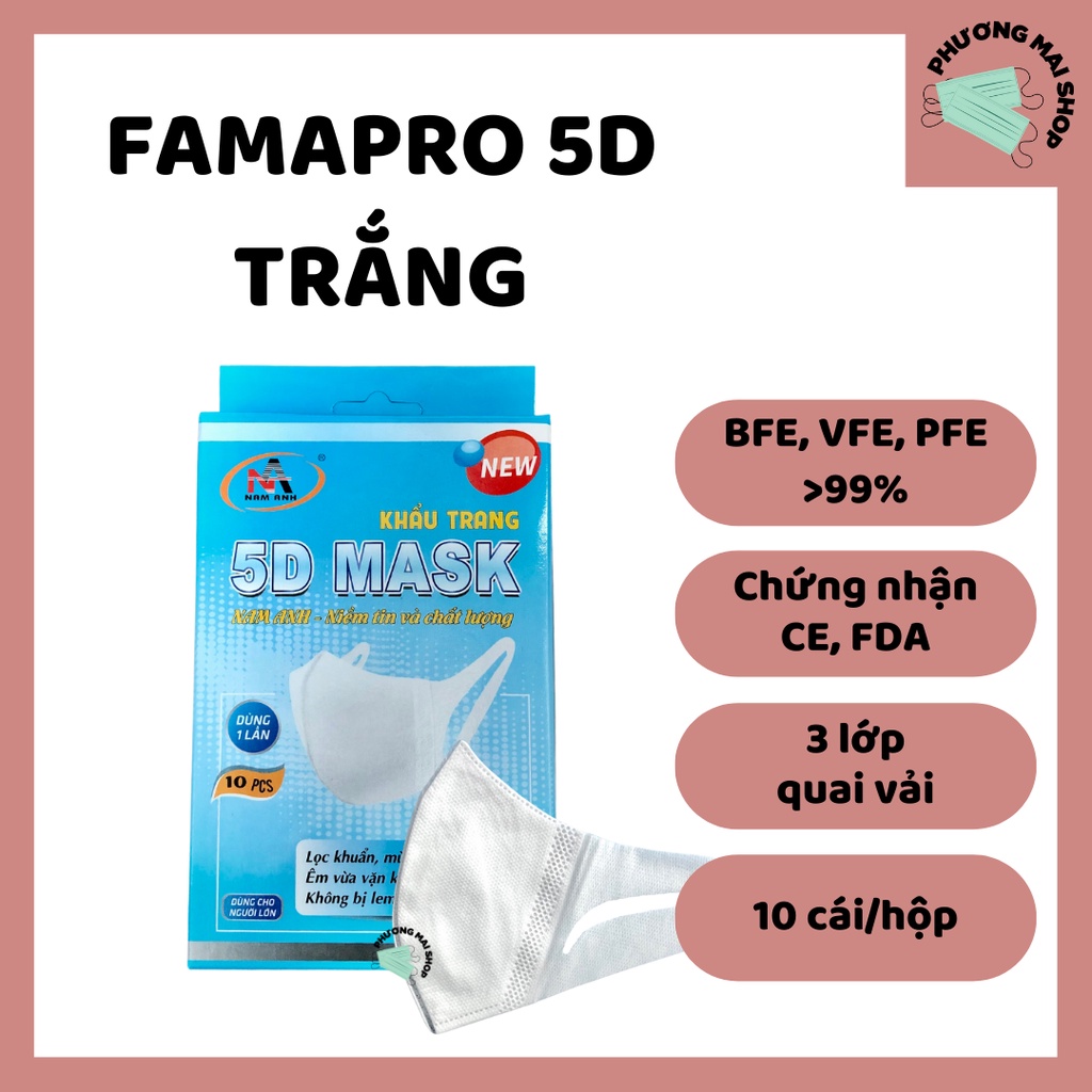 [5D MASK] Khẩu Trang Y Tế kháng khuẩn 3 lớp Famapro 5D quai vải - Hộp 10 cái