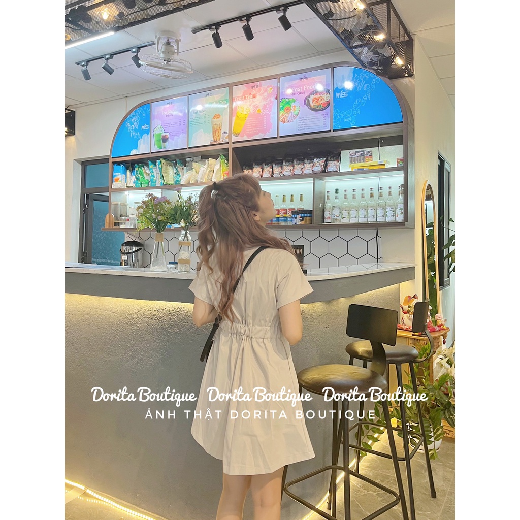 Váy sơ mi chun lưng Basic dáng Hàn, Đầm sơ mi kaki 2 da Hàn Quốc