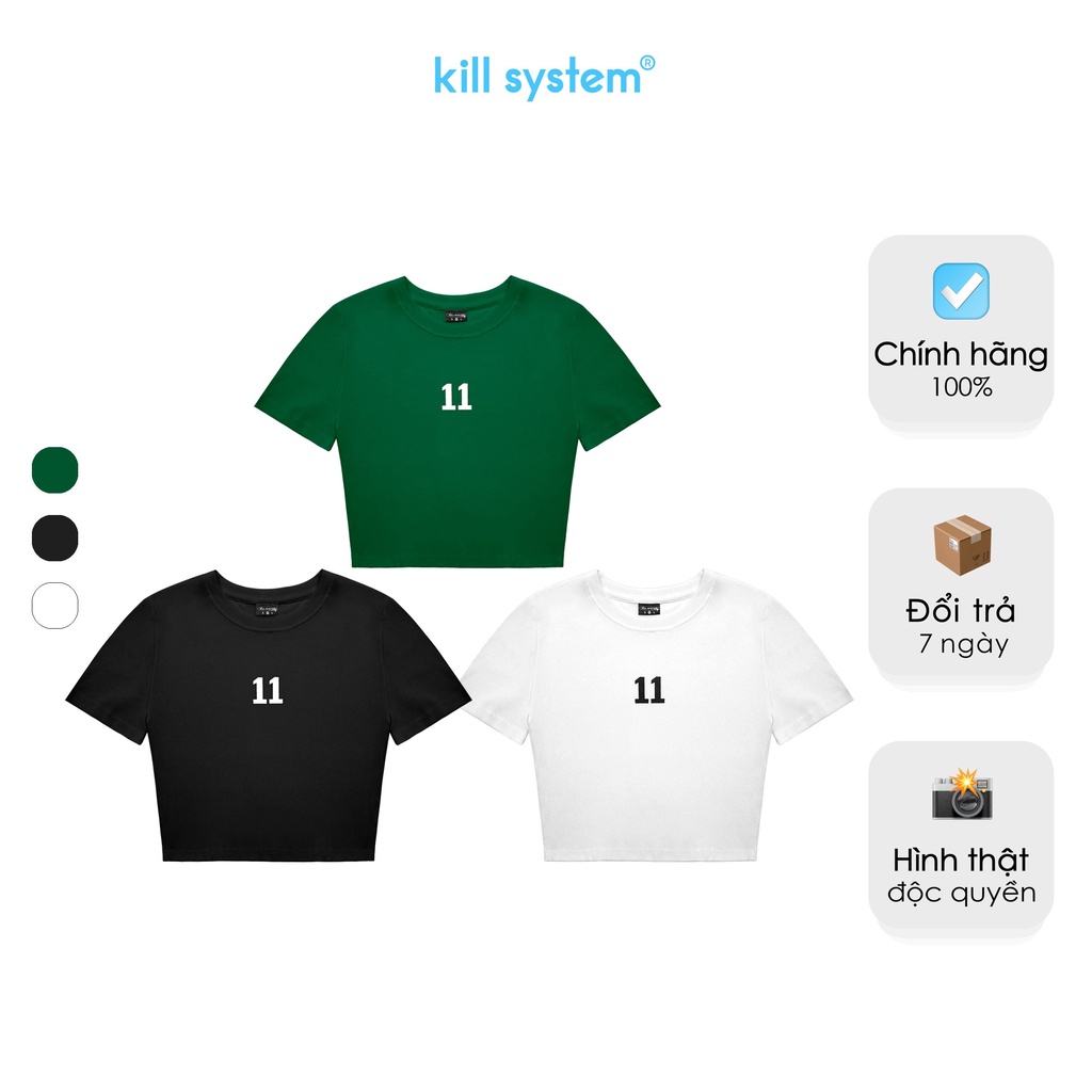 Áo thun croptop trơn cổ tròn tay ngắn in số 11 màu trắng, đen, rêu, chất thun co giãn Kill System