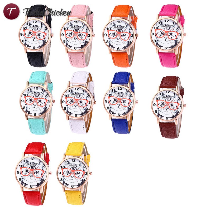 #Đồng hồ đeo tay# Faux Leather Strap Wrist Watches Cute Cat Cartoon Printing Couple Watches Round Dial Casual Quartz Watch 